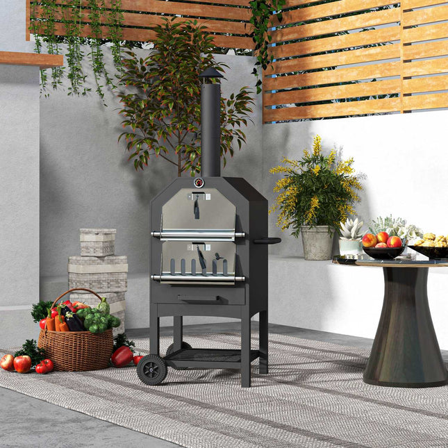 Outdoor 2-in-1 pizza oven & grill with stone and wheels