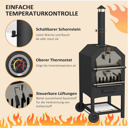 Outdoor 2-in-1 pizza oven & grill with stone and wheels
