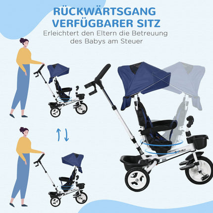 2-in-1 tricycle for children with canopy and safety belt, blue
