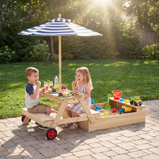 2-In-1 Wooden Sandbox and Picnic Table With Umbrella, Blue