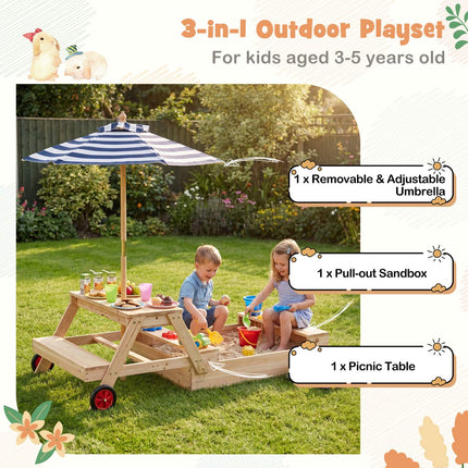 2-In-1 Wooden Sandbox and Picnic Table With Umbrella, Blue