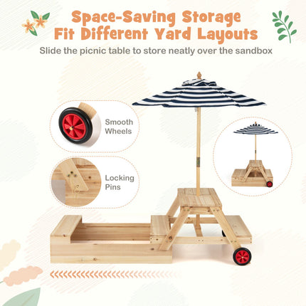 2-In-1 Wooden Sandbox and Picnic Table With Umbrella, Blue