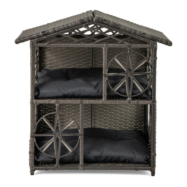 2-Level Rattan Cat House with Removable Cushions
