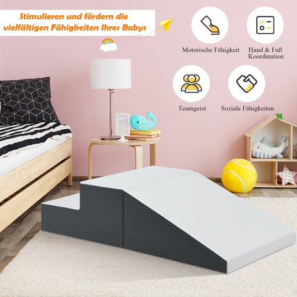 2PCS. Soft Building Blocks Foam Toddler Stairs & Ramp Climbing Toy White + Gray