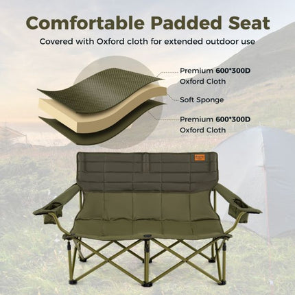 2-Person Folding Camping Chair, Padded, Cup Holders, Green