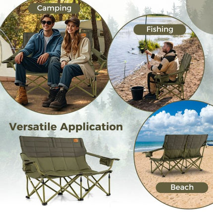 2-Person Folding Camping Chair, Padded, Cup Holders, Green