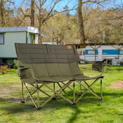2-Person Folding Camping Chair, Padded, Cup Holders, Green