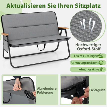 2-Person Folding Camping Loveseat Chair, Cushion, Side Pocket, 300 kg