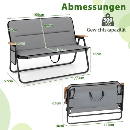 2-Person Folding Camping Loveseat Chair, Cushion, Side Pocket, 300 kg