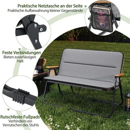 2-Person Folding Camping Loveseat Chair, Cushion, Side Pocket, 300 kg