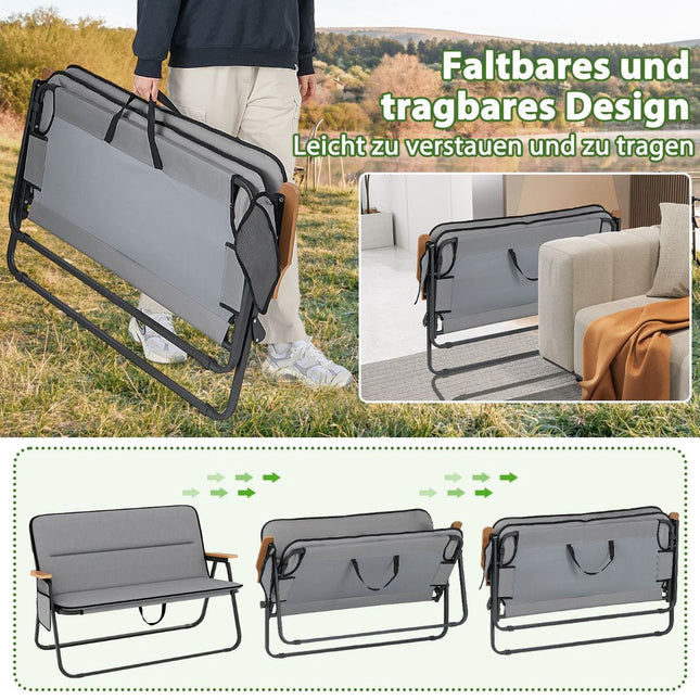 2-Person Folding Camping Loveseat Chair, Cushion, Side Pocket, 300 kg