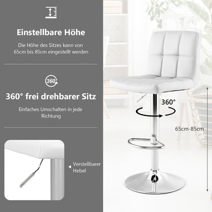 2-Piece Adjustable Swivel Bar Stools, White Faux Leather