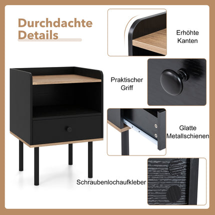 2-Piece Black Nightstand Set with Drawer & Shelf