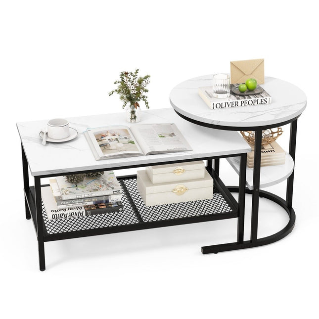 2-Piece Coffee Table Set with Faux Marble Tops