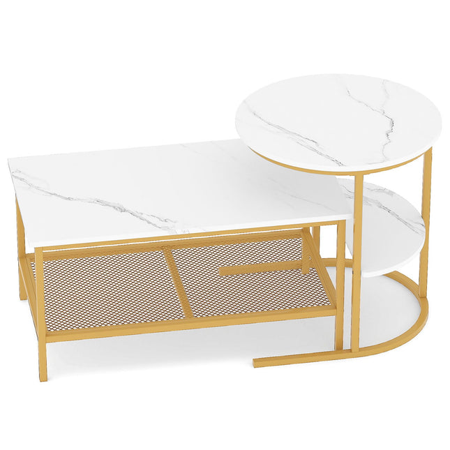 2-delige salontafelset met bladen van imitatiemarmer, wit