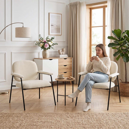 2-Piece Cream Chenille Armchairs with Metal Frame
