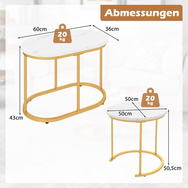 2-delige salontafelset met marmerlook en gouden poten