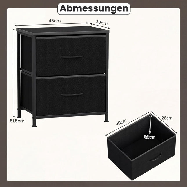 2-delige nachtkastjesset met 2 stoffen lades en metalen frame