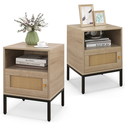 2-Piece Rattan Nightstand Set with Shelf & Cabinet