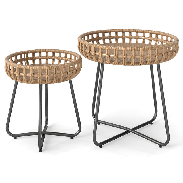 2-delige ronde rotan bijzettafelset voor buiten met metalen frame