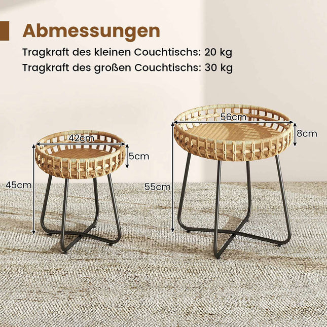 2-delige ronde rotan bijzettafelset voor buiten met metalen frame