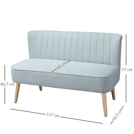 2-seater light green fabric sofa - wooden frame, foam padding