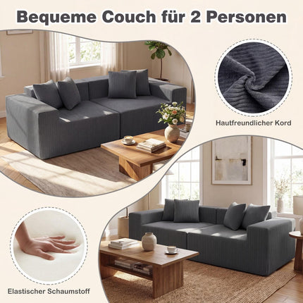 2-Seater Gray Corduroy Sofa with Deep Seat and Cushions