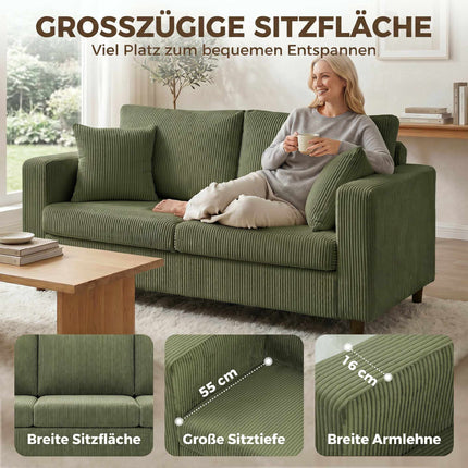 2-Seater Green Corduroy Sofa with Deep Cushioning