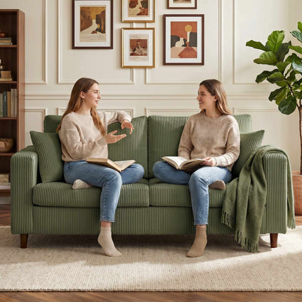 2-Seater Green Corduroy Sofa with Deep Cushioning