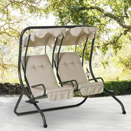 2-seat garden swing with canopy, beige steel frame