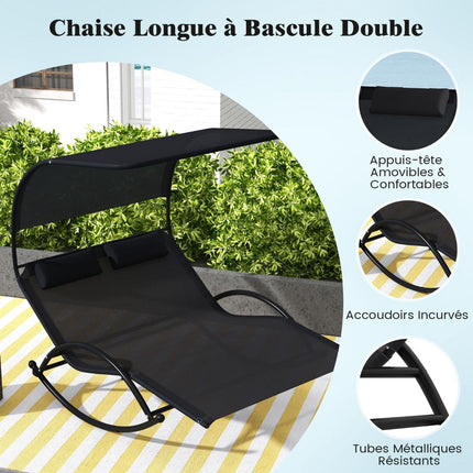 2-Seater Outdoor Swing Lounger With Canopy and Headrests, Black