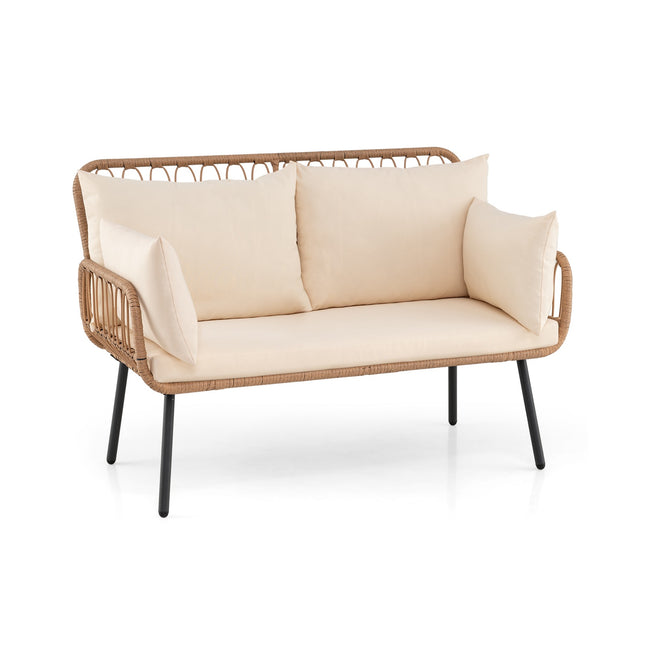 2-Seater PE Rattan Outdoor Sofa With Cushions, Beige