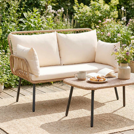 2-Seater PE Rattan Outdoor Sofa With Cushions, Beige