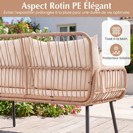 2-Seater PE Rattan Outdoor Sofa With Cushions, Beige