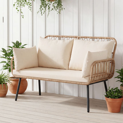 2-Seater PE Rattan Outdoor Sofa With Cushions, Beige