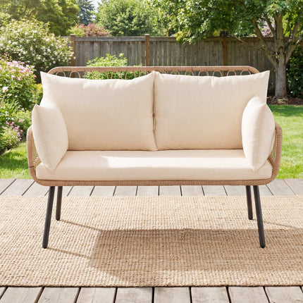 2-Seater PE Rattan Outdoor Sofa With Cushions, Beige