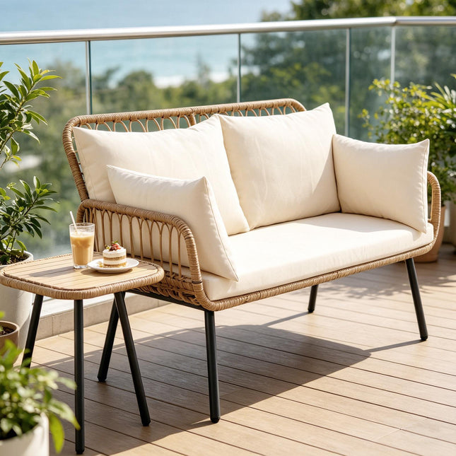 2-Seater PE Rattan Outdoor Sofa With Cushions, Beige