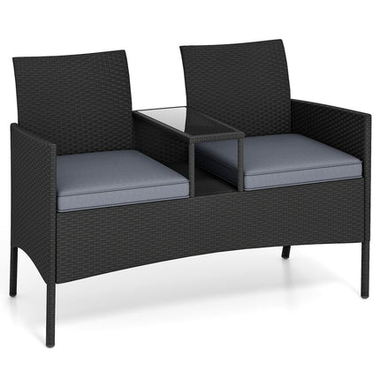 2-Seater Polyrattan Garden Bench with Table, Grey