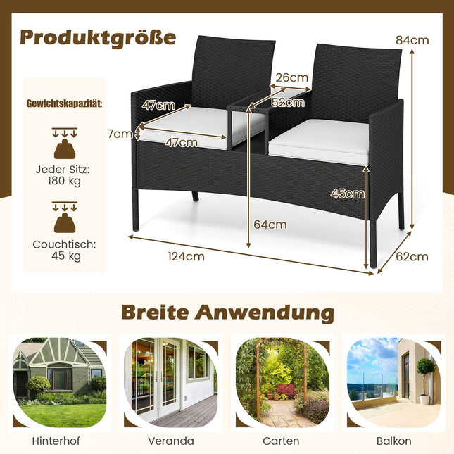 2-Seater Polyrattan Garden Bench with Table, White