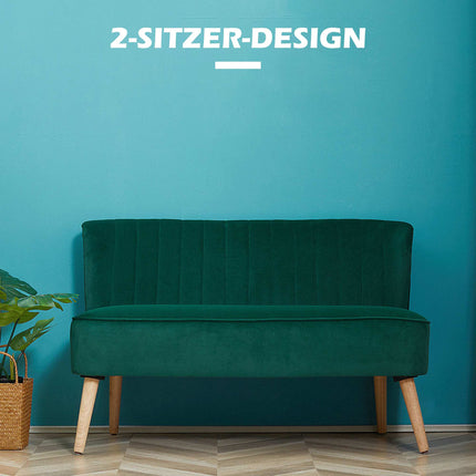 2-Seater Retro Sofa, Dark Green, Wood Legs, 117 cm