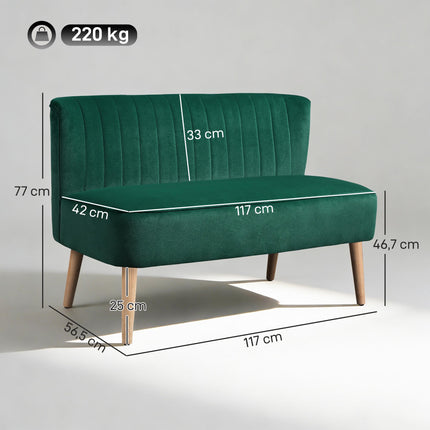 2-Seater Retro Sofa, Dark Green, Wood Legs, 117 cm