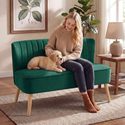 2-Seater Retro Sofa, Dark Green, Wood Legs, 117 cm