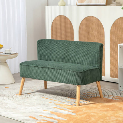 Green 2-seater sofa, corduroy look, wooden legs