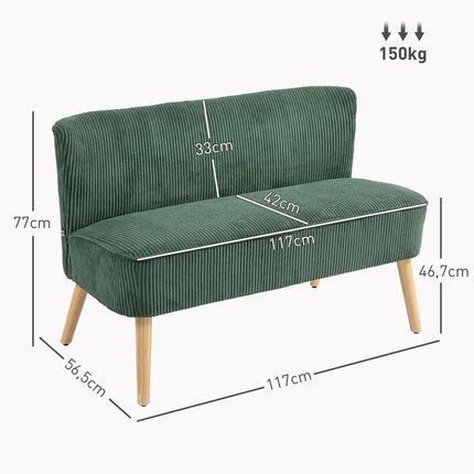 Green 2-seater sofa, corduroy look, wooden legs