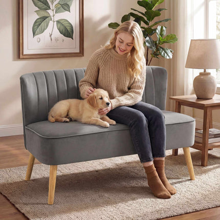 2-Seater Sofa, Dark Grey, Durable Fabric, Wooden Legs