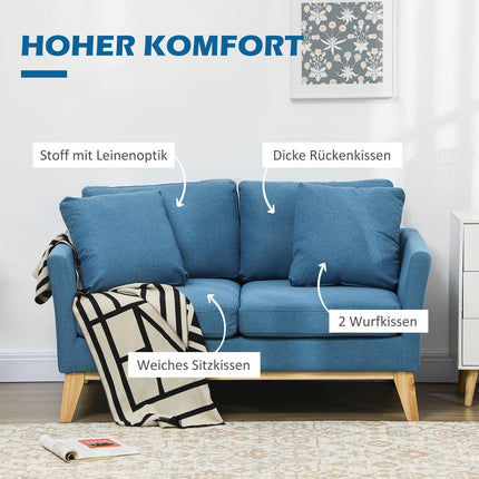 2-seater sofa in linen look, cushioned, wooden legs, blue