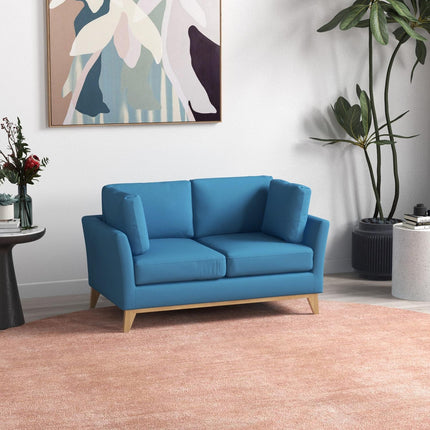 2-seater sofa in linen look, cushioned, wooden legs, blue
