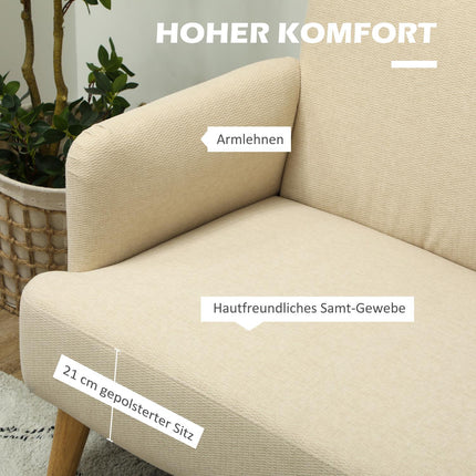 Small velvet sofa, wooden legs, cream, 2-seater for living room