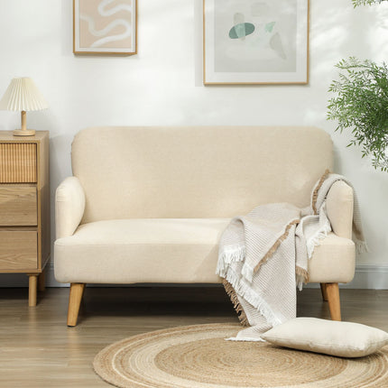 Small velvet sofa, wooden legs, cream, 2-seater for living room