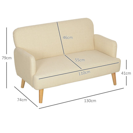 Small velvet sofa, wooden legs, cream, 2-seater for living room